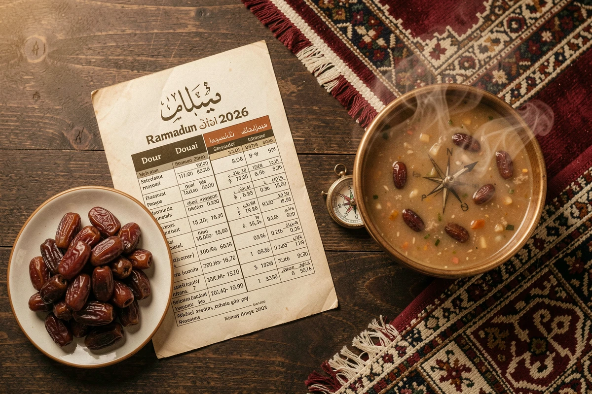 Table d'iftar avec calendrier des prières du ramadan 2026 à Douai, dattes et soupe harira