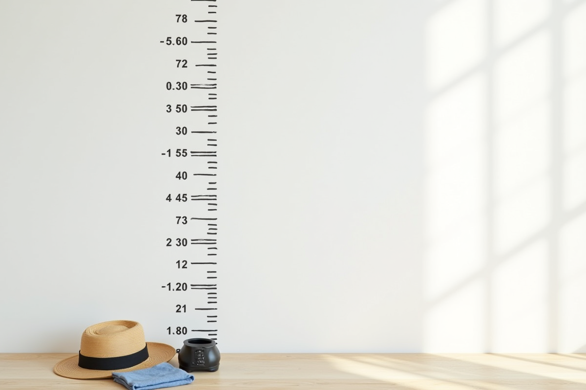 Tableau de hauteur dessiné sur un mur avec vêtements en dessous