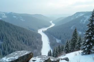 Paysage infini de la taïga sibérienne en Russie, forêts de conifères et rivière gelée illustrant l'immensité du plus grand pays du monde