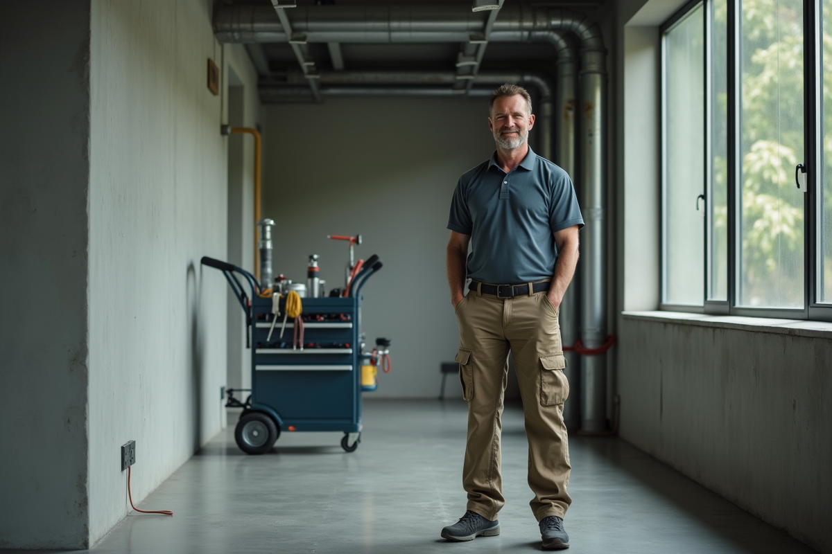 Technicien de maintenance dans un couloir industriel