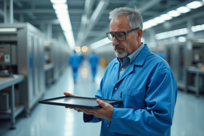 Technicien en laboratoire inspectant une plaquette de silicium