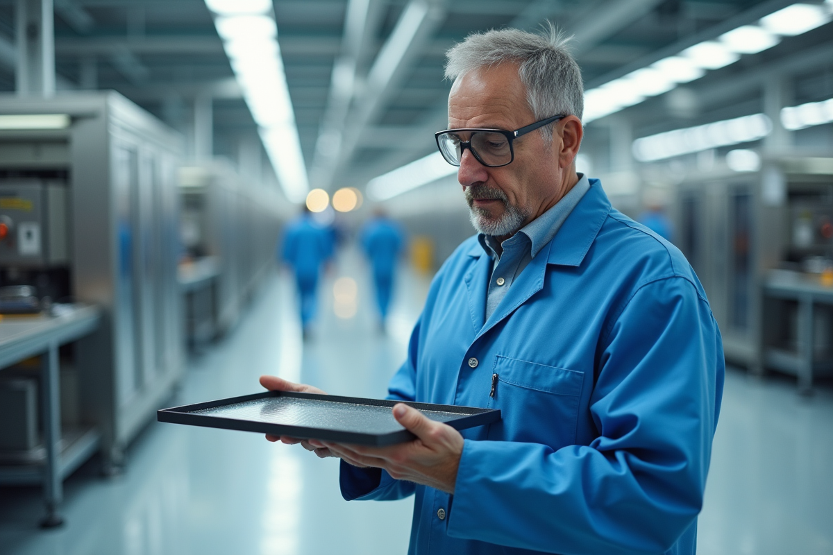 Technicien en laboratoire inspectant une plaquette de silicium