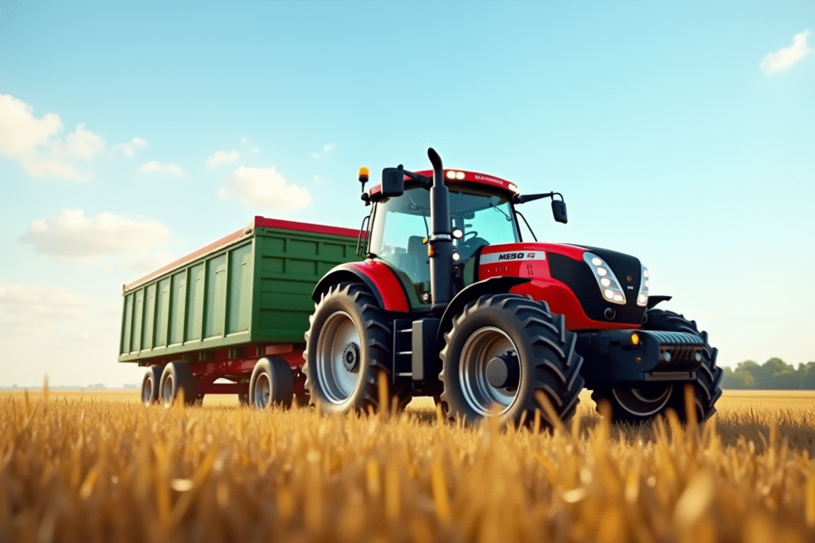 Tracteur rouge moderne dans un champ ensoleille avec remorque verte
