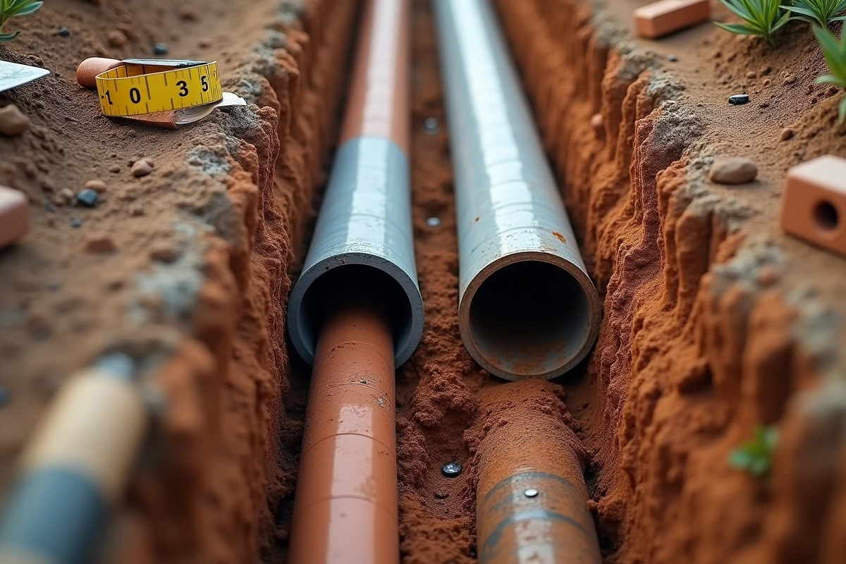 Tranchée ouverte montrant deux canalisations distinctes pour eaux usées et eaux pluviales lors de travaux de séparation