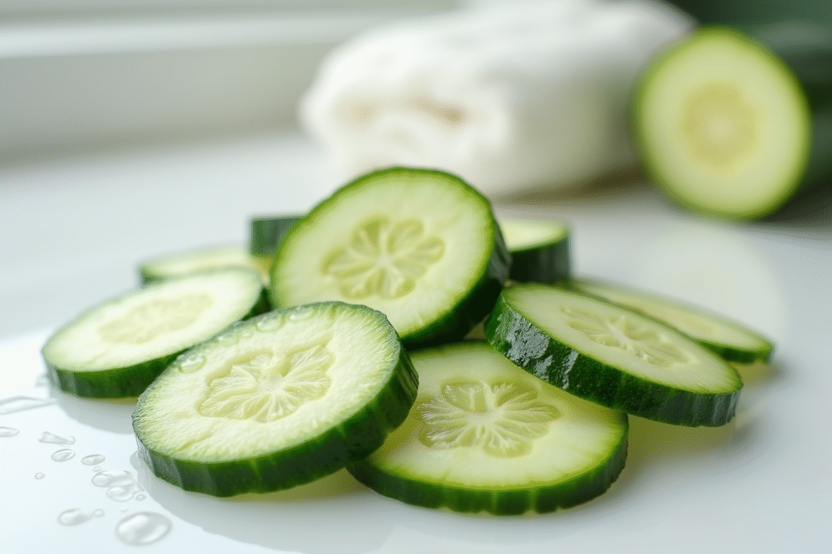 Tranches de concombre et courgette sur un comptoir blanc lumineux