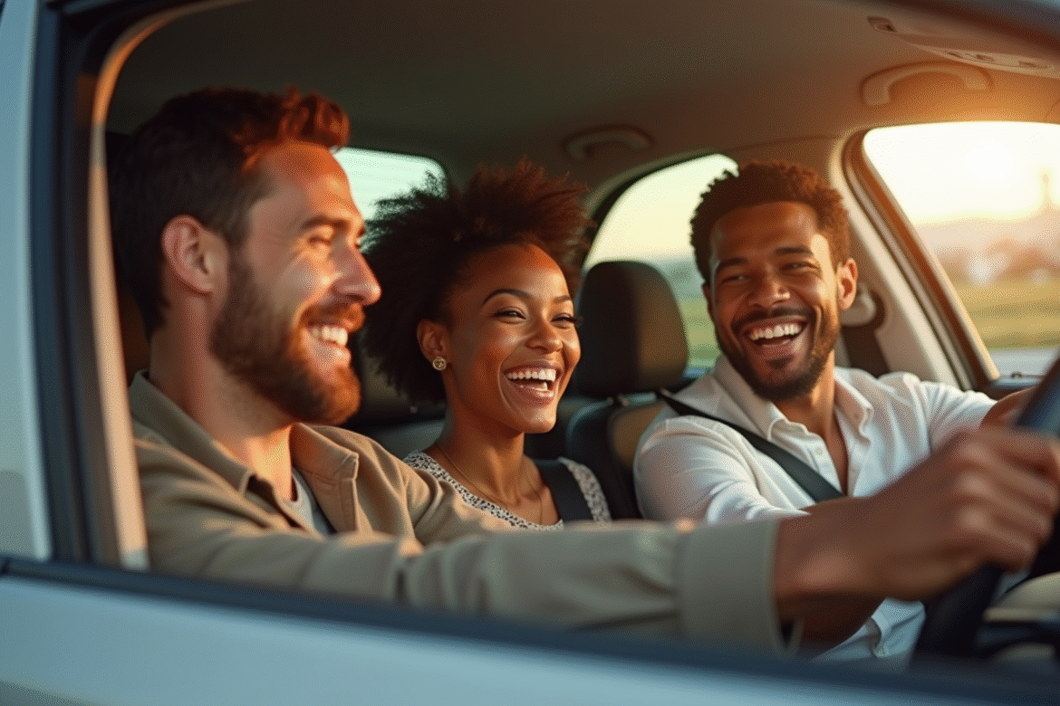 Trois personnes souriantes partageant un trajet en voiture en ville