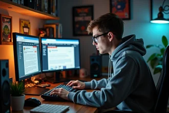 Jeune homme consultant les archives du forum JVC sur un double écran dans une chambre de gamer remplie de souvenirs rétro