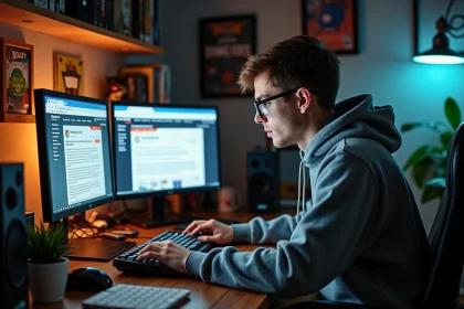 Jeune homme consultant les archives du forum JVC sur un double écran dans une chambre de gamer remplie de souvenirs rétro