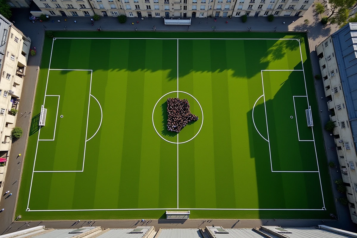 Vue aérienne d'un terrain de football à Paris avec des enfants formant la silhouette de la ville